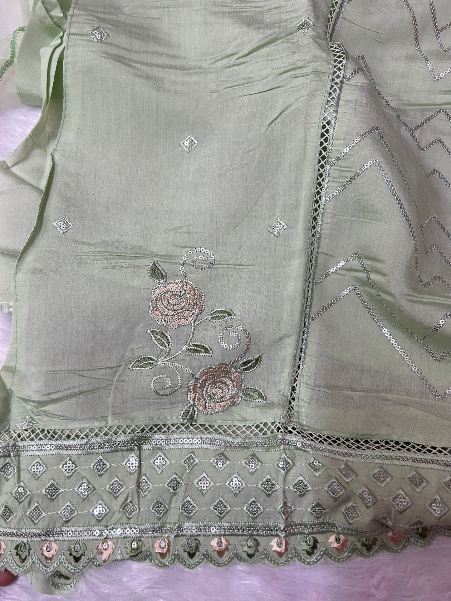 LIGHT GREEN SOFT ORGANZA SUIT WITH CUTDANA WORK