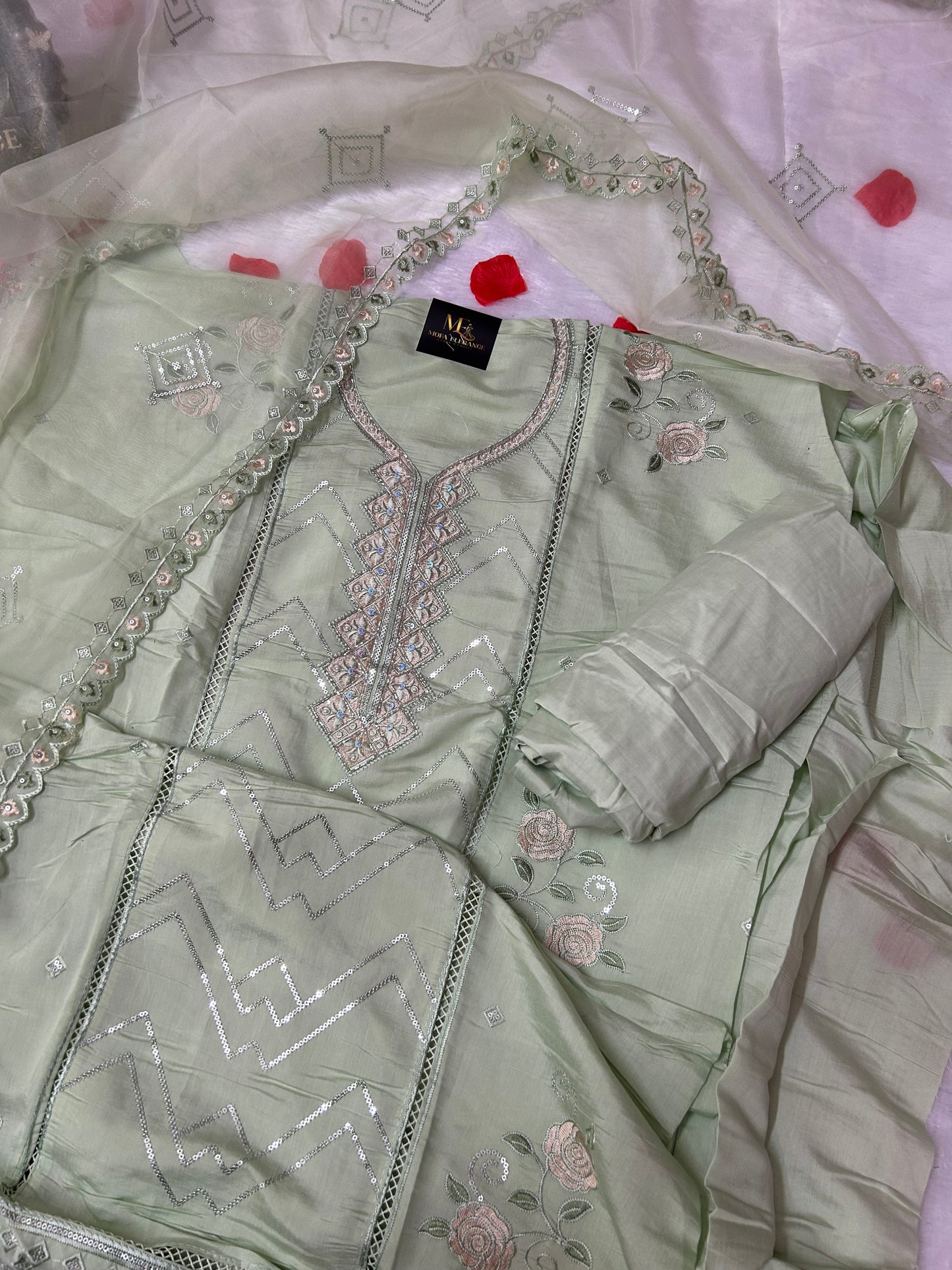 LIGHT GREEN SOFT ORGANZA SUIT WITH CUTDANA WORK