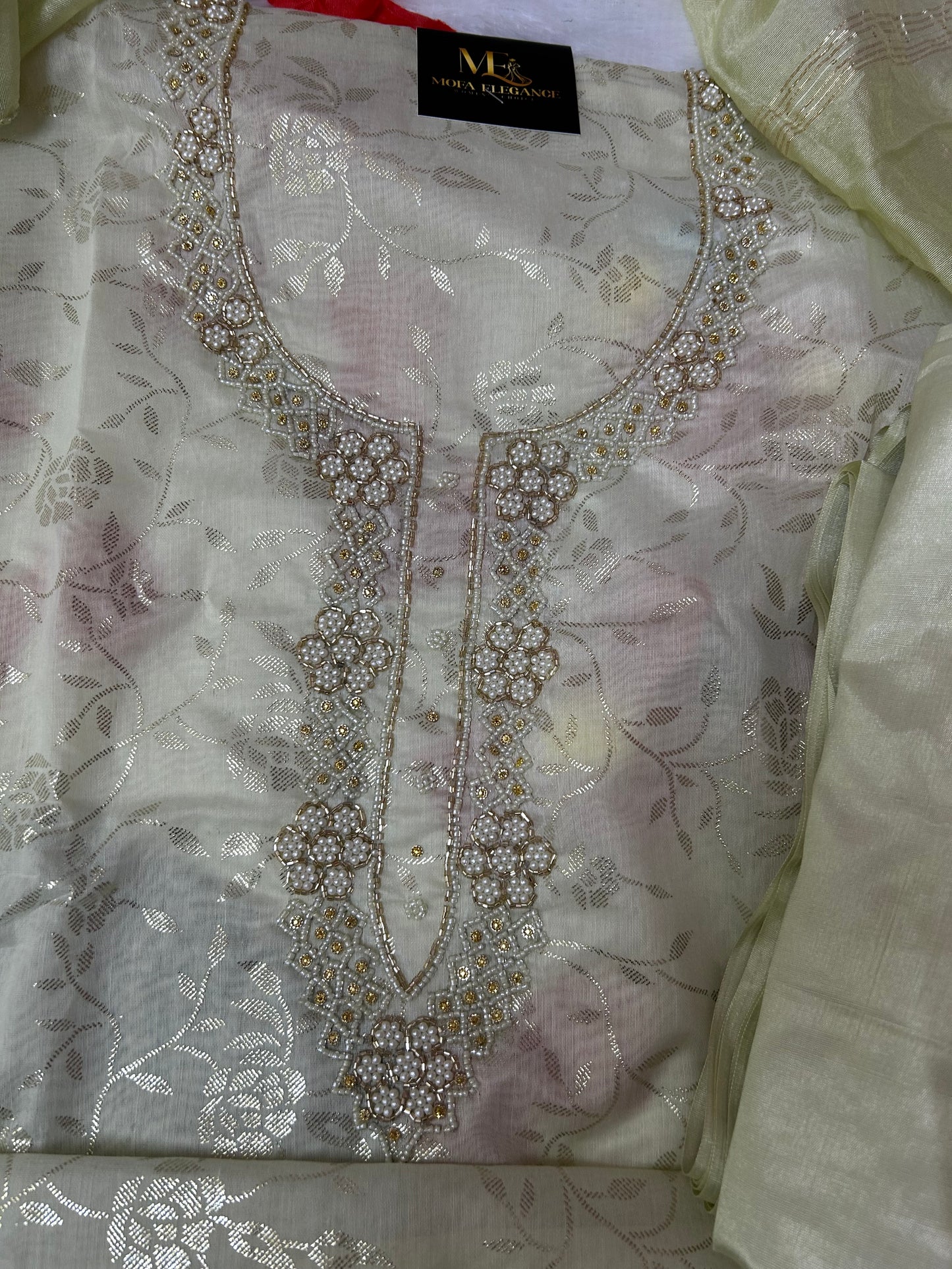 CREAM ORGANZA SUIT WITH CUTDANA WORK