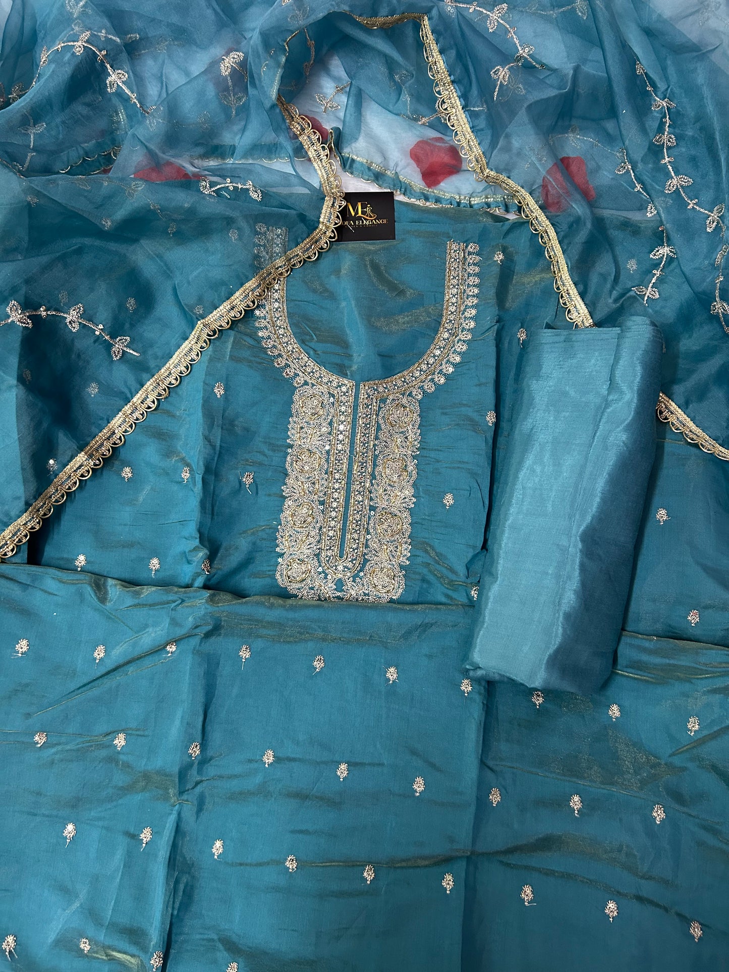 SKYBLUE ORGANZA SUIT WITH CUTDANA WORK