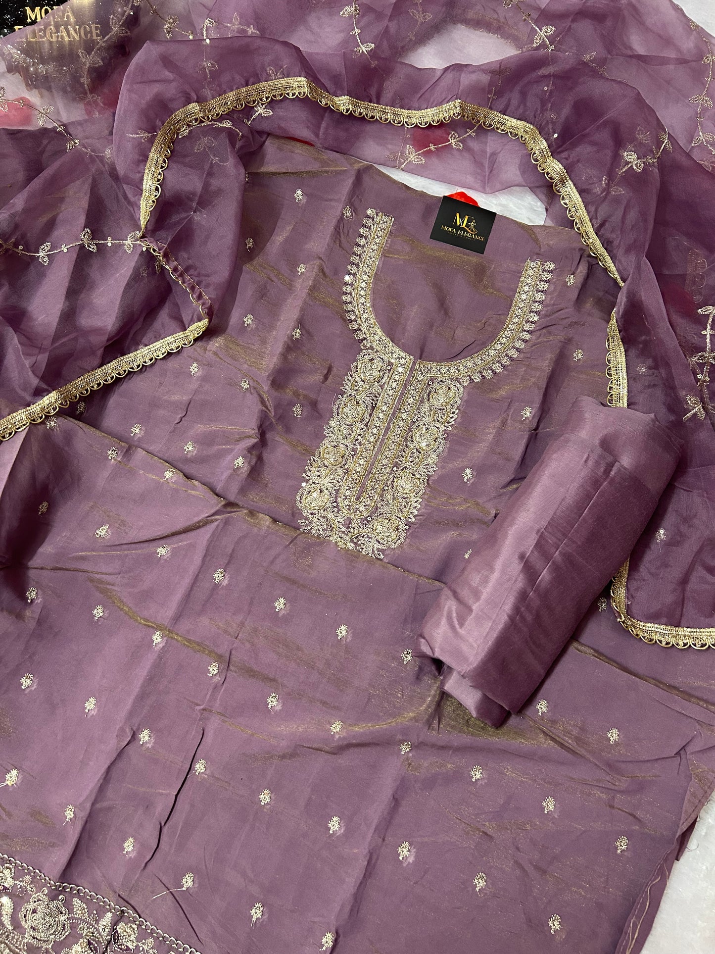 PURPLE ORGANZA SUIT WITH CUTDANA  WORK