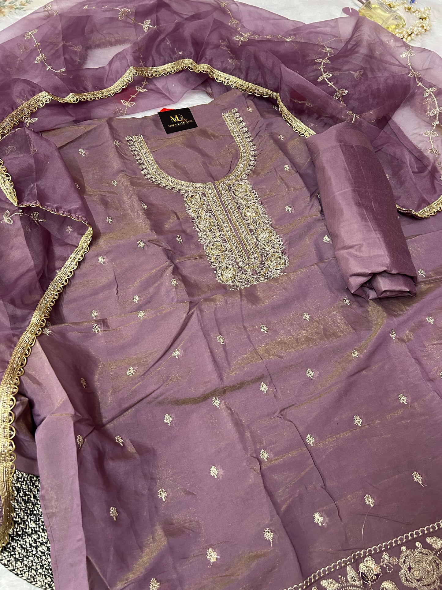 PURPLE ORGANZA SUIT WITH CUTDANA  WORK