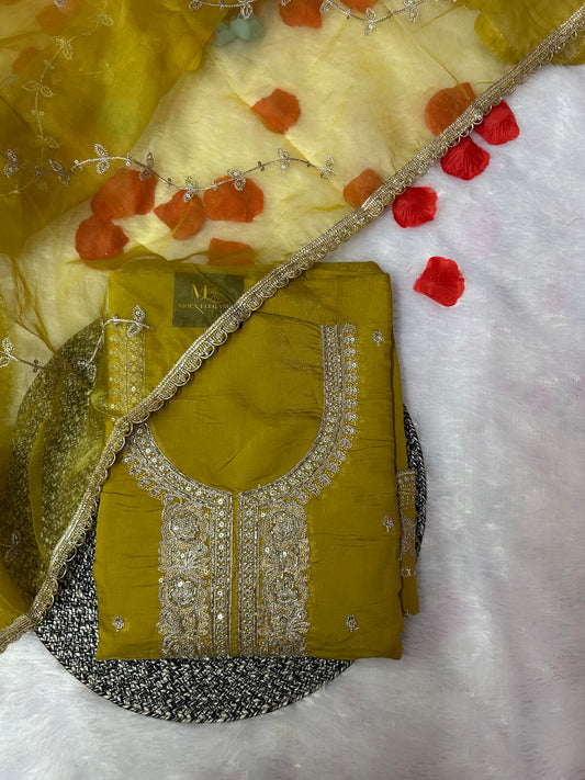 YELLOW ORGANZA SUIT WITH CUTDANA AND EMBROIDERY WORK