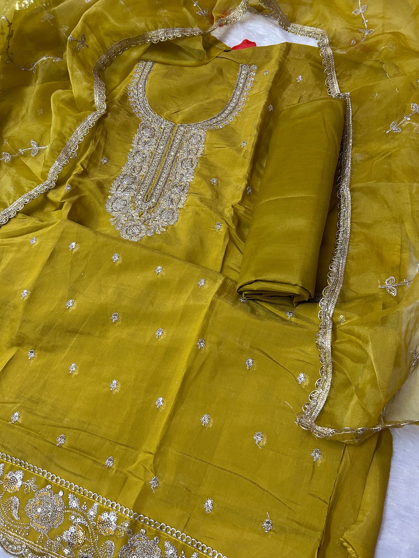 YELLOW ORGANZA SUIT WITH CUTDANA AND EMBROIDERY WORK