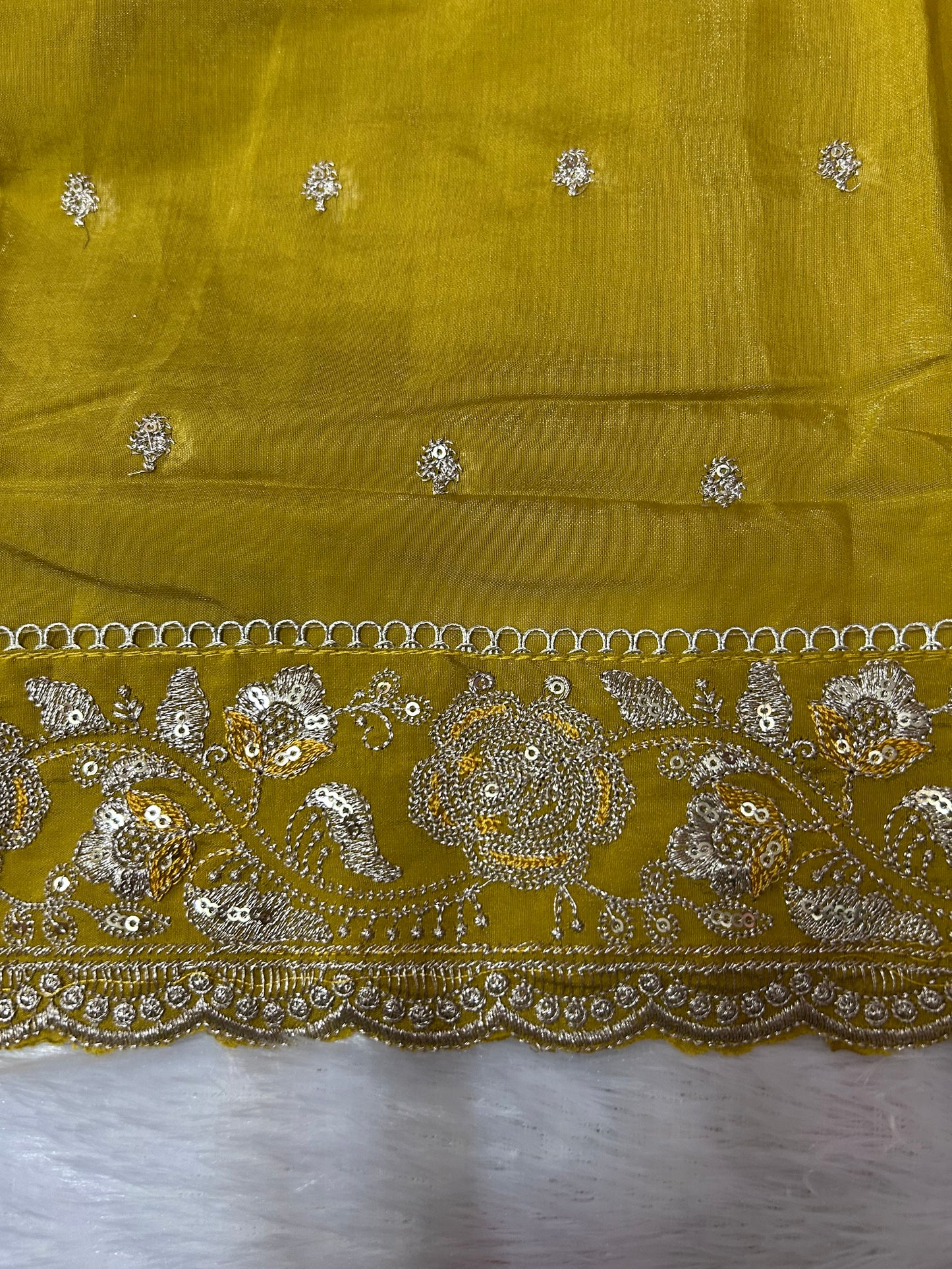 YELLOW ORGANZA SUIT WITH CUTDANA AND EMBROIDERY WORK