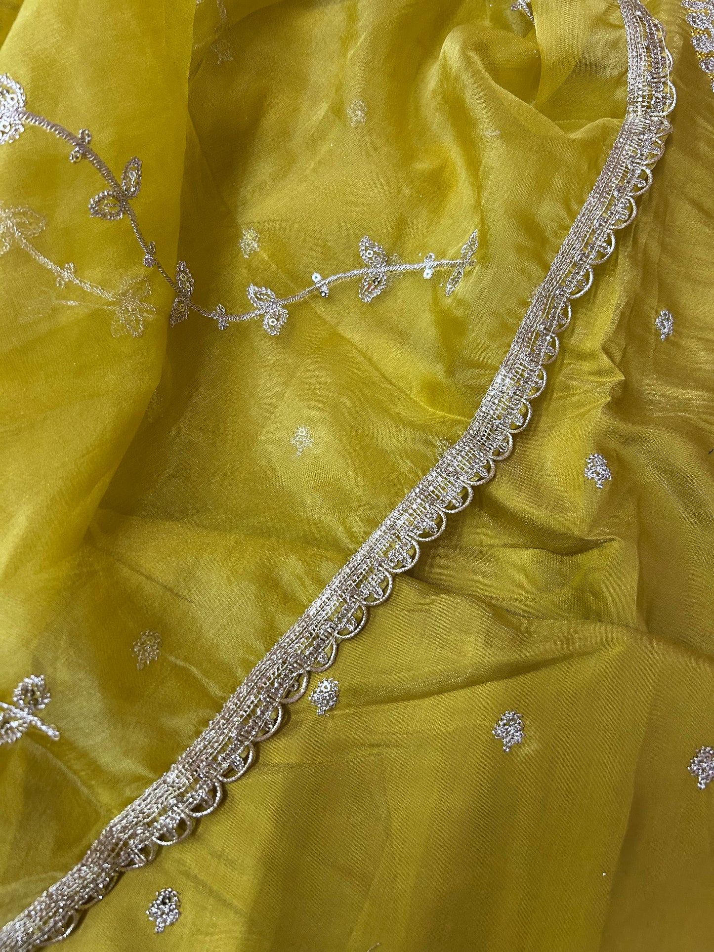 YELLOW ORGANZA SUIT WITH CUTDANA AND EMBROIDERY WORK