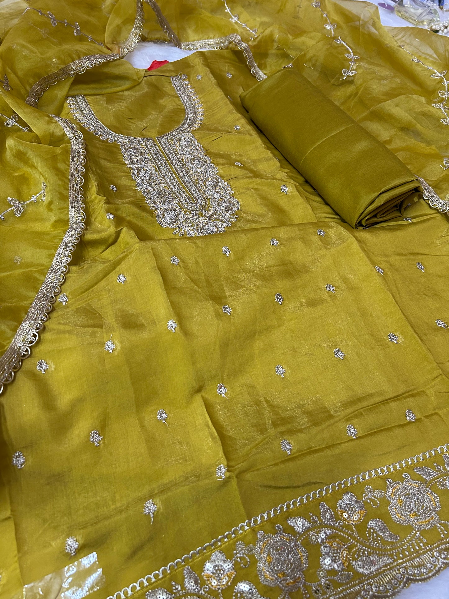 YELLOW ORGANZA SUIT WITH CUTDANA AND EMBROIDERY WORK