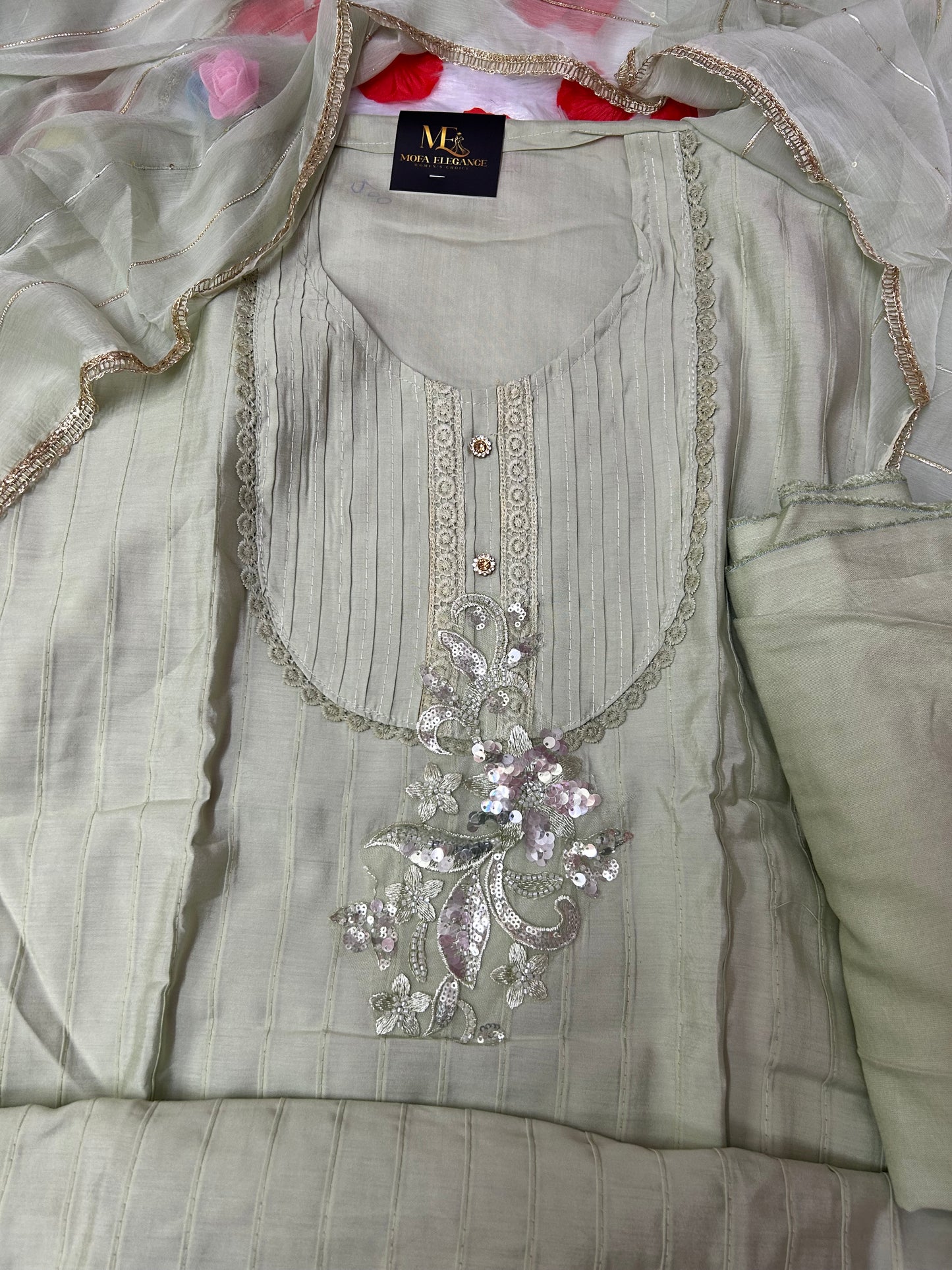 LIGHT GREEN SOFT ORGANZA SUIT WITH THREAD WORK