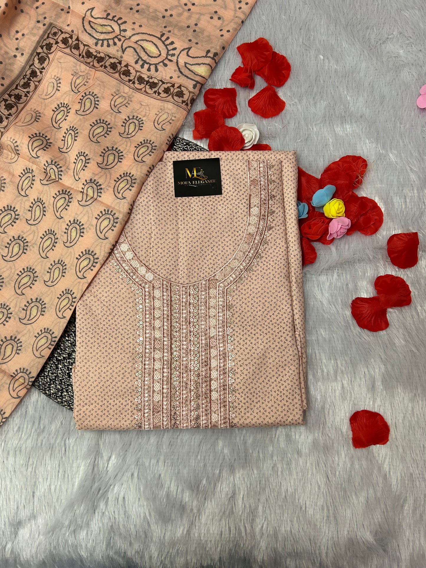 PEACH COTTON SUIT WITH CHAMKI WORK