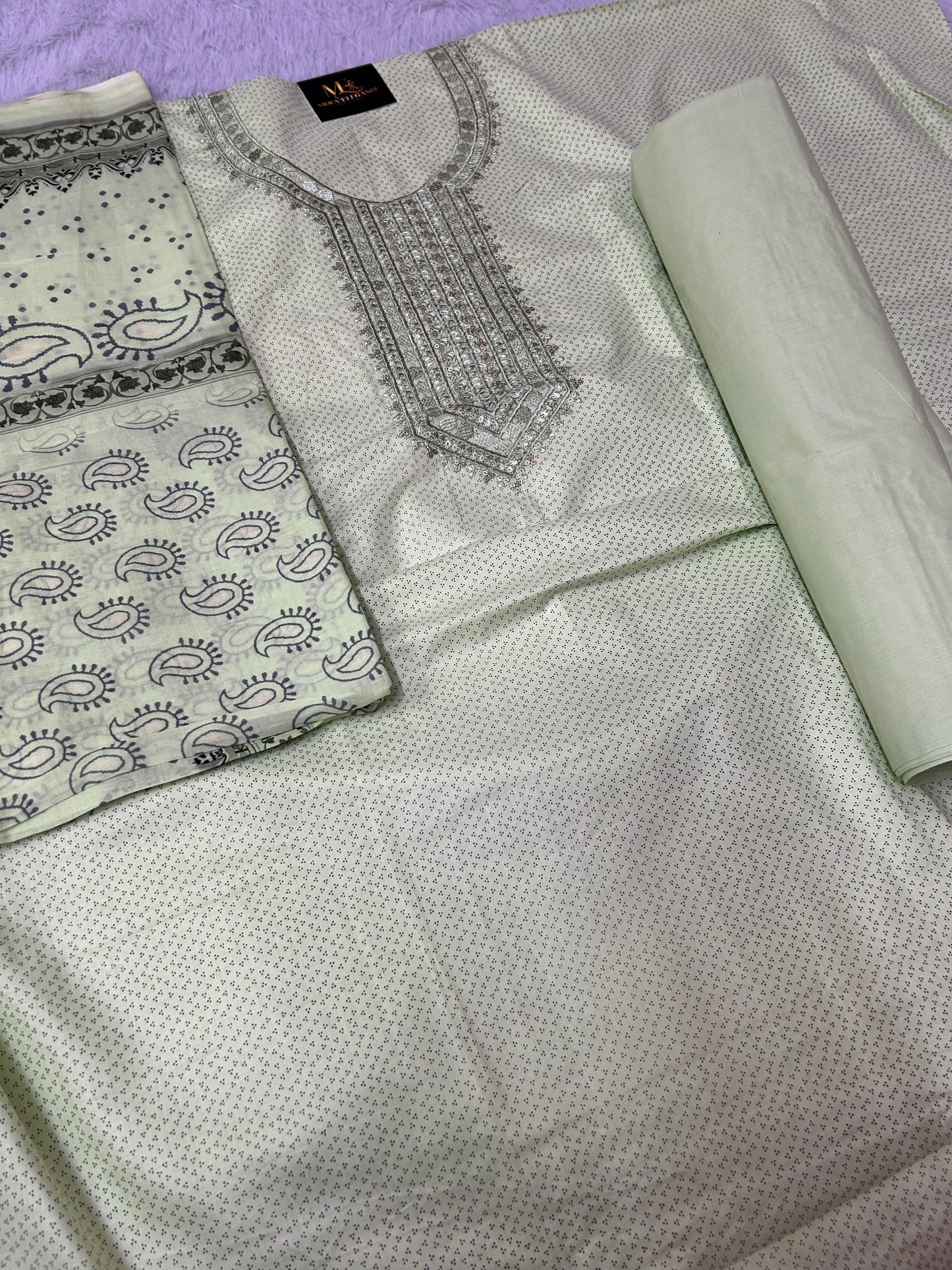 LIGHT GREEN COTTON SUIT WITH  EMBROIDERY WORK