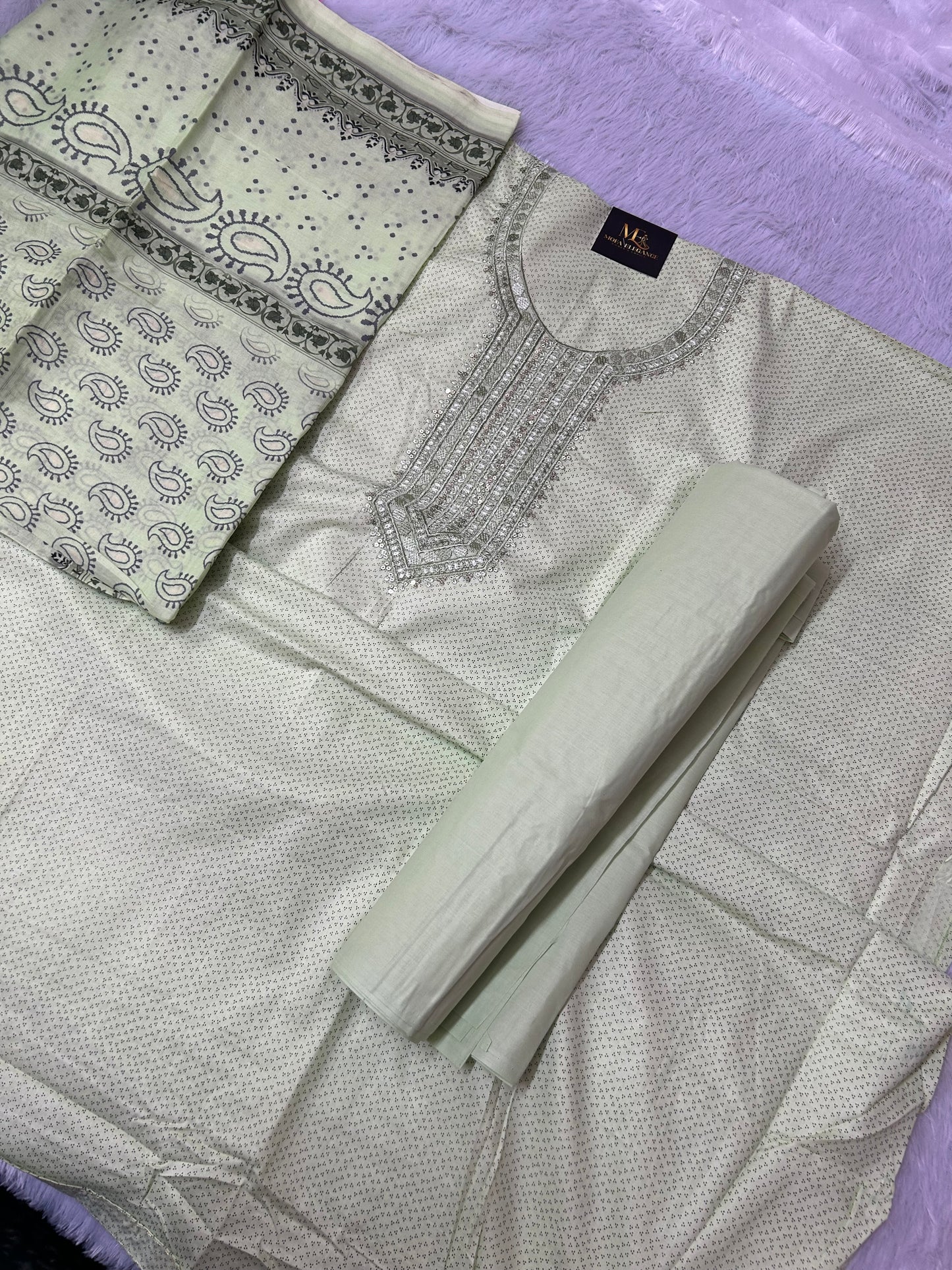 LIGHT GREEN COTTON SUIT WITH  EMBROIDERY WORK