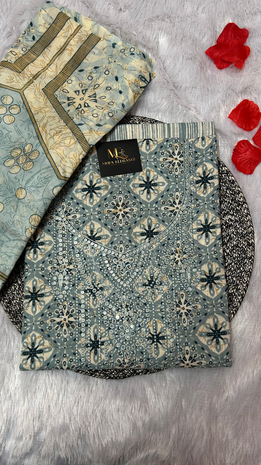 SKYBLUE COTTON SUIT WITH THREAD AND CHAMKI WORK