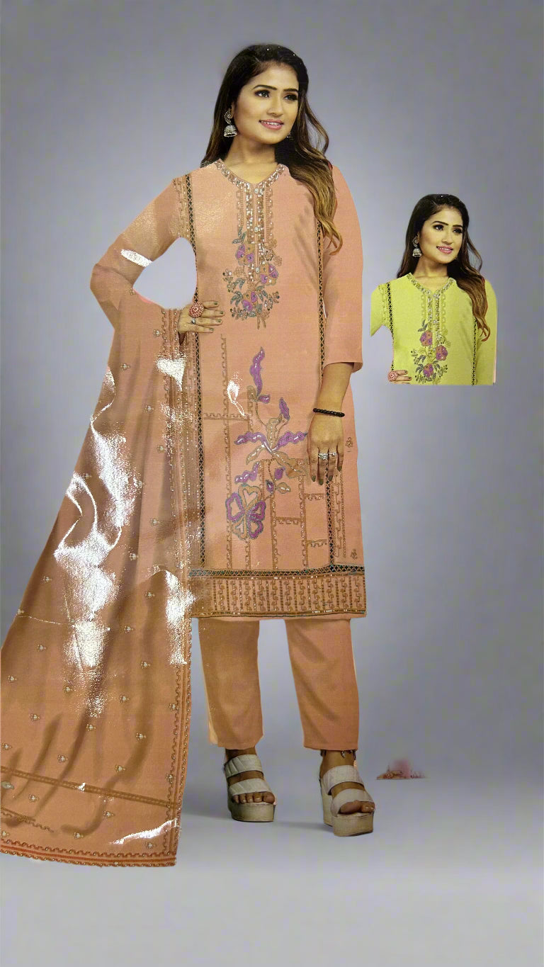 YELLOW SOFT ORGANZA SUIT WITH EMBROIDERY AND BEATS WORK