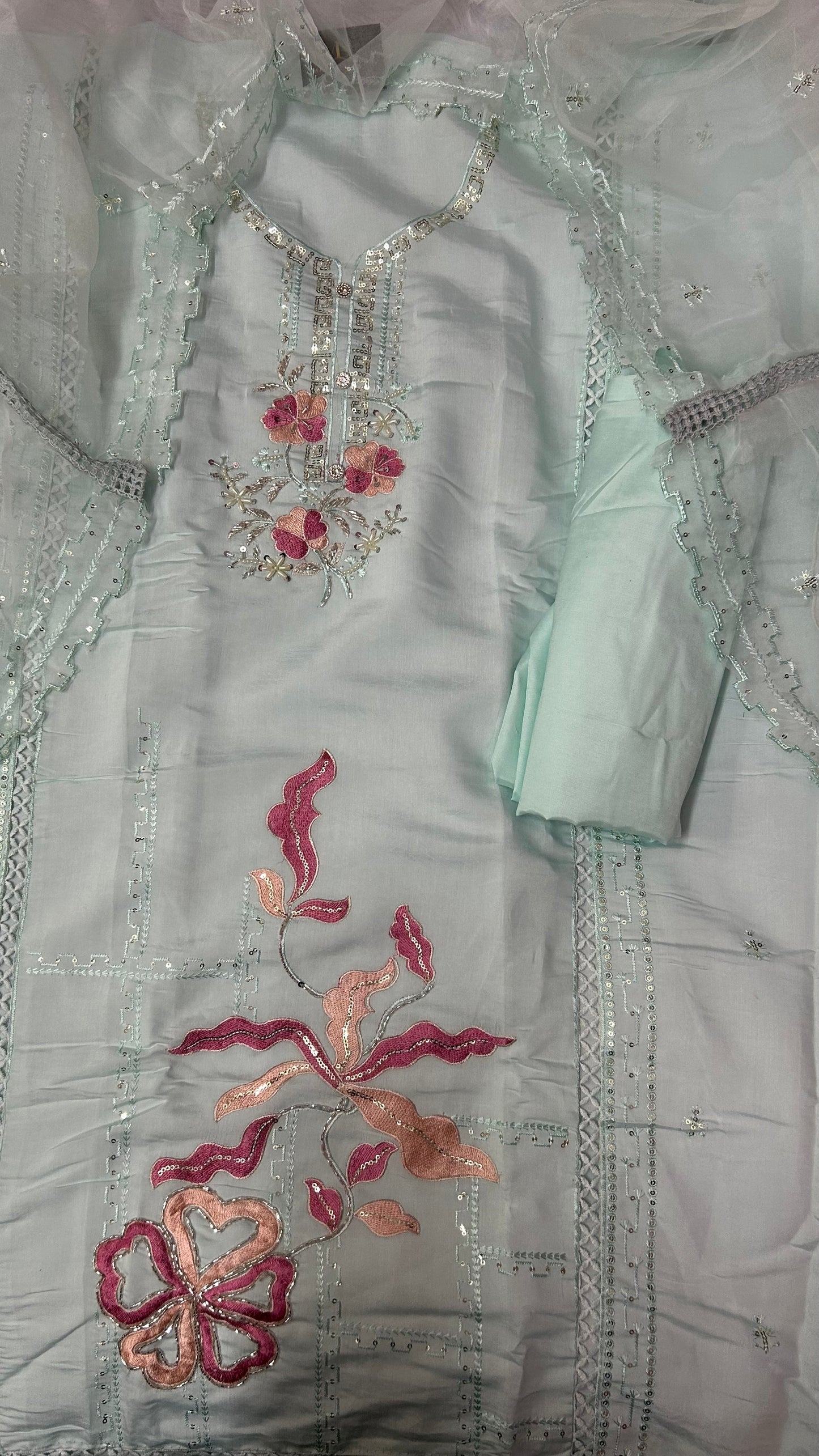 SKYBLUE SOFT ORGANZA SUIT WITH EMBROIDERY  WORK