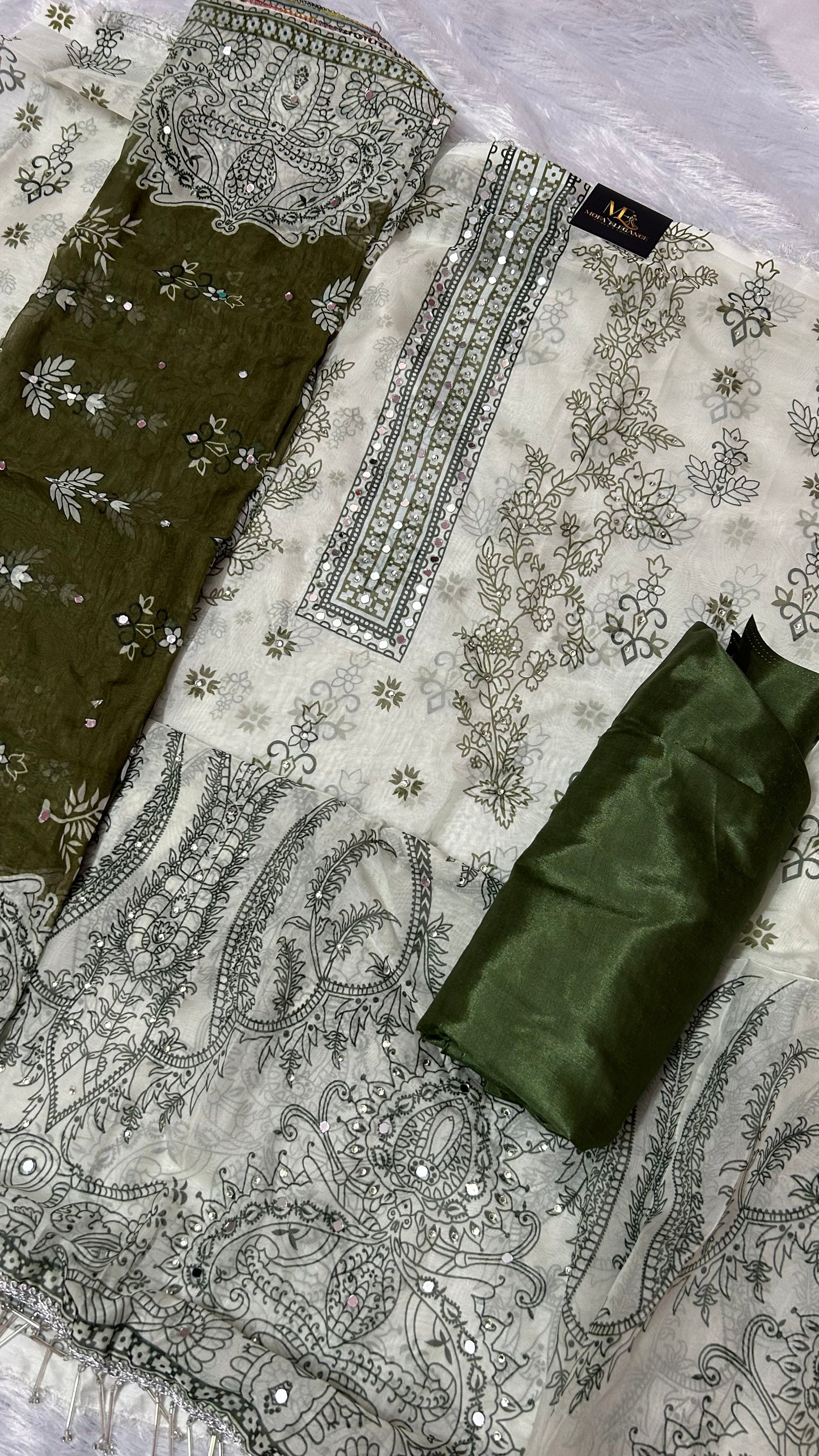 DARK GREEN ORGANZA SUIT WITH MIRROR WORK