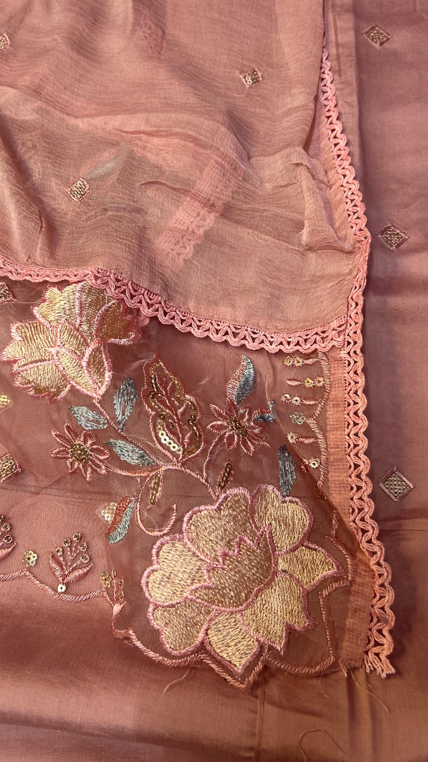 BROWN SOFT ORGANZA SUIT WITH MIRROR WORK