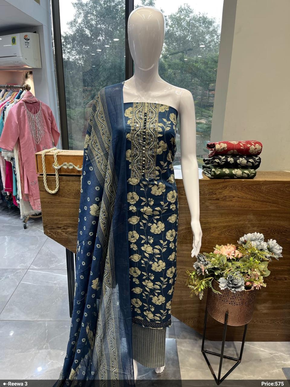 BLUE COTTON SUIT WITH MIRROR WORK