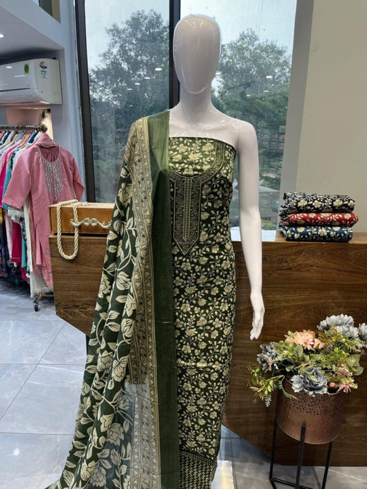 DARK GREEN COTTON SUIT WITH THREAD WORK