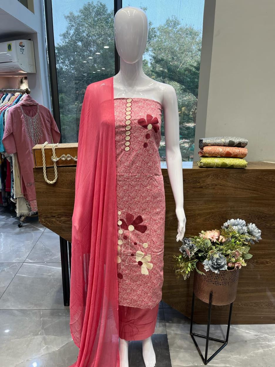 PINK SUIT WITH THREAD FLOWER WORK